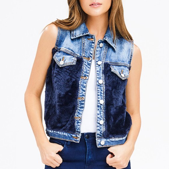 Litz Jackets & Coats Denim Blue Faux Fur Jean Jacket Vest Poshmark
